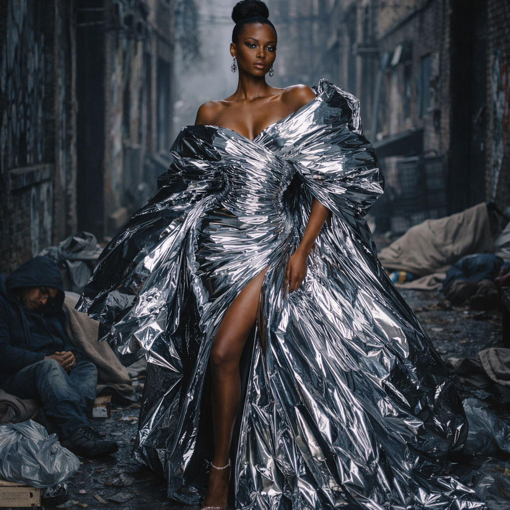 Model in space blanket evening wear