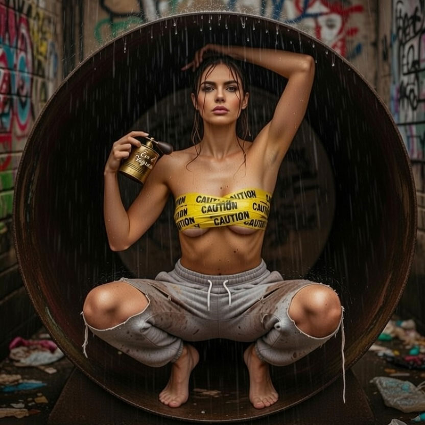 Model applying fragrance under highway overpass