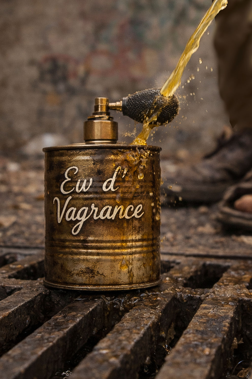 Perfume bottle on steam grate